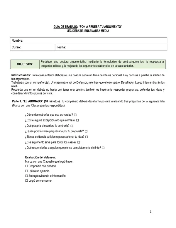 GUÍA DE TRABAJO: PON A PRUEBA TU ARGUMENTO 