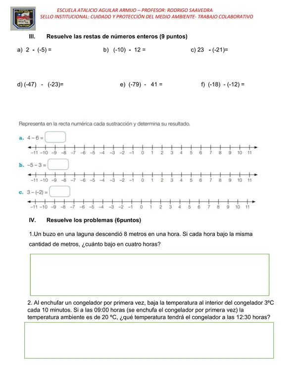 prueba de matematicas  numeros enteros