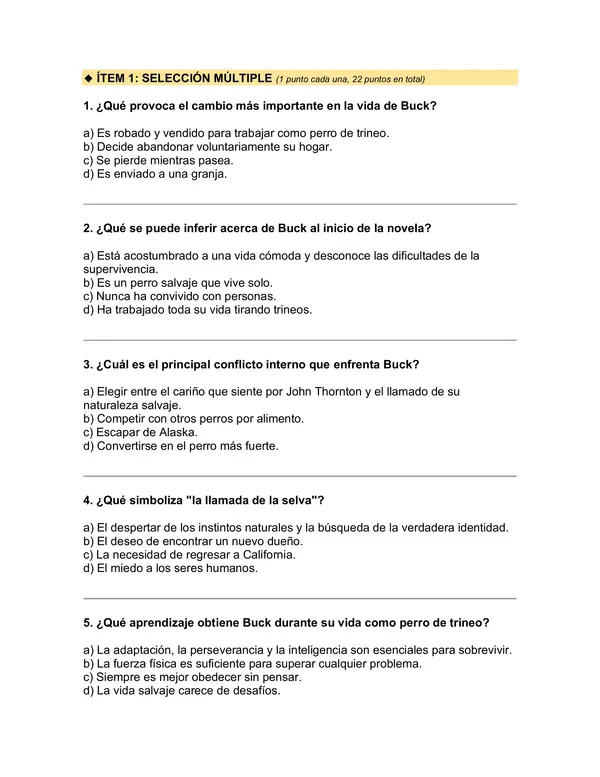 Prueba del libro "La llamada de la selva” (Jack London) 5° básico
