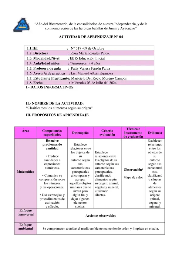 Sesión Agrupamos alimentos Según su origen-4años