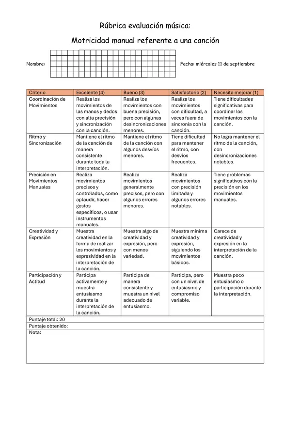 Rúbrica para evaluar motricidad manual en música