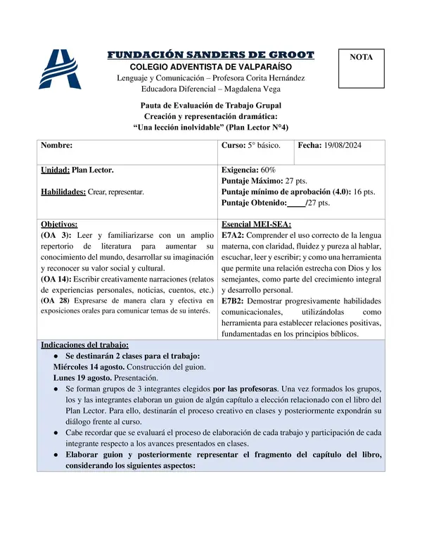 Creación y representación teatral 5° básico