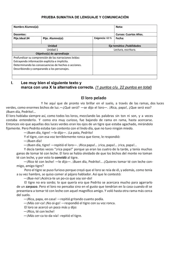 Prueba Lenguaje 4° Básico
