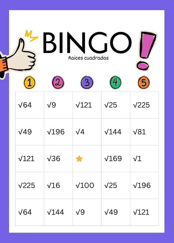 Bingo Raices Cuadradas