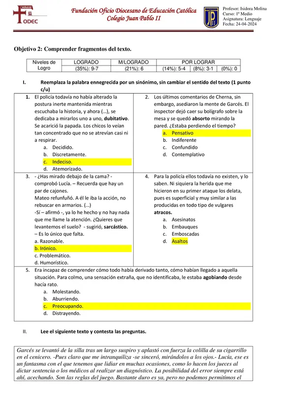 Evaluación Plan Lector "Donde surgen las sombras"