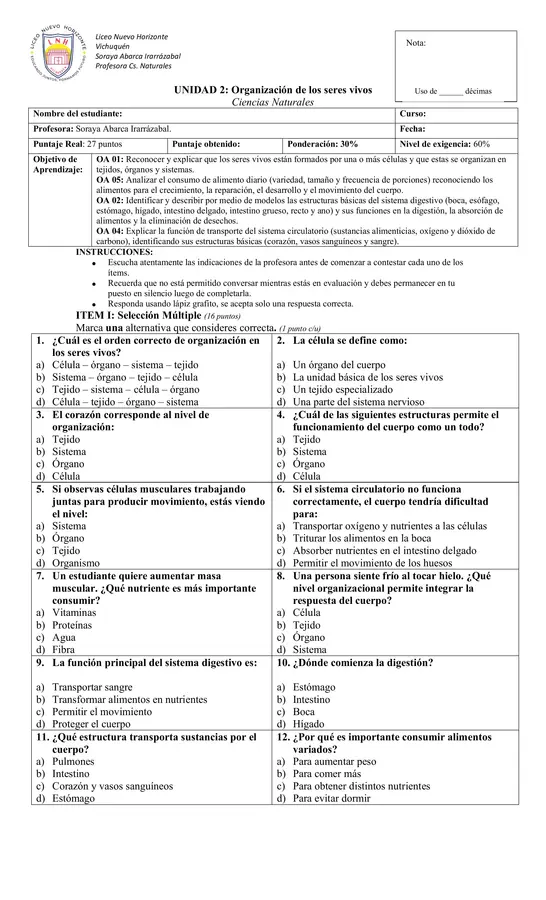 Evaluacion sumativa, ciencias: Organización de los seres vivos, 5° básico, unidad 2 