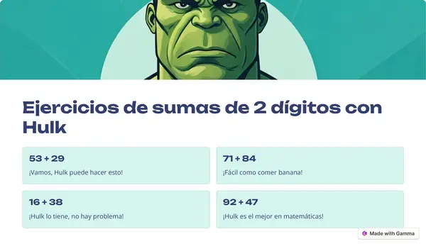Ejercicios de sumas de 2 dígitos con hulk