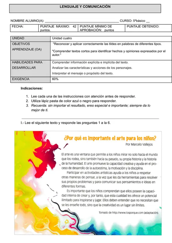 Prueba Hecho y opinión. Reglas de acentuación. Quinto básico  