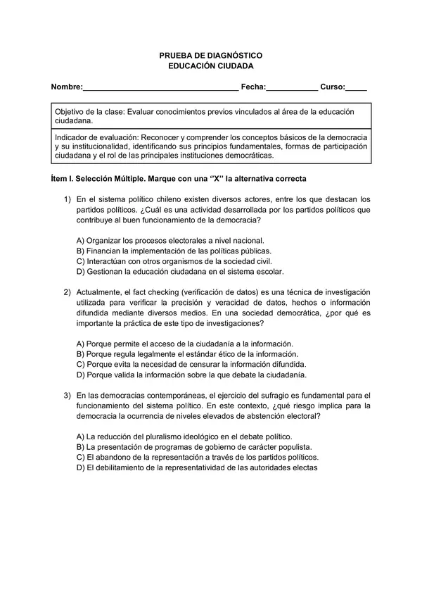 Prueba de diagnóstico: Ciudadanía 