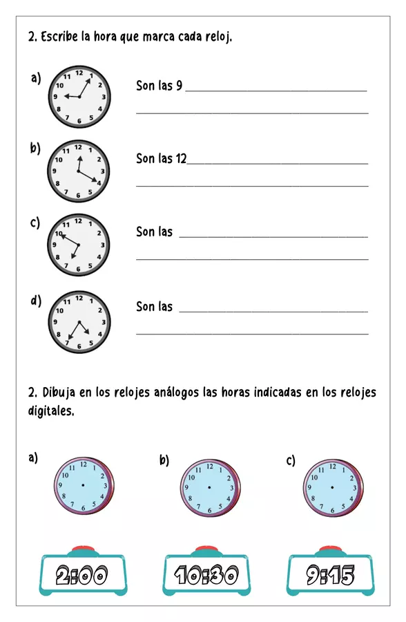 Guía de trabajo (2) - Reloj análogo y digital - 3° básico