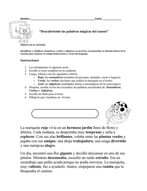 Actividades de adjetivos, sustantivos , verbos y comprensión lectora Lenguaje Tercero básico