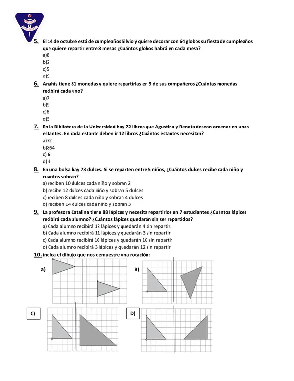 Guía preparatoria divisiones, resolución de problemas y transformaciones isométricas