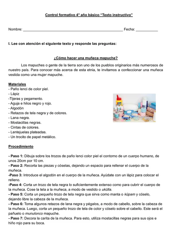 Control- guía texto instructivo 4° año "Creación de muleca mapuche"