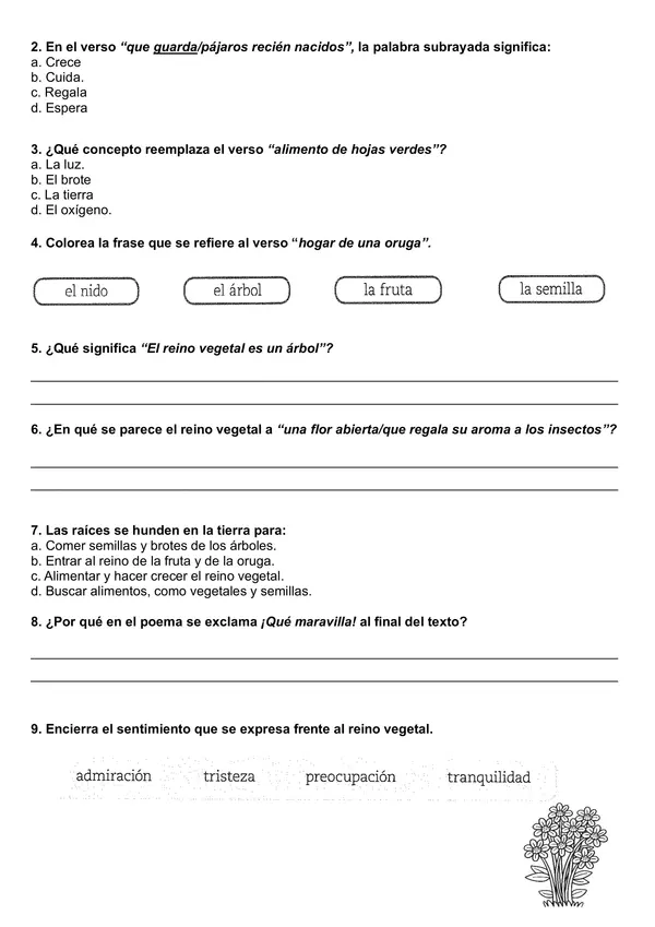 Guía de comprensión "Poema; El reino vegetal" 4° básico.