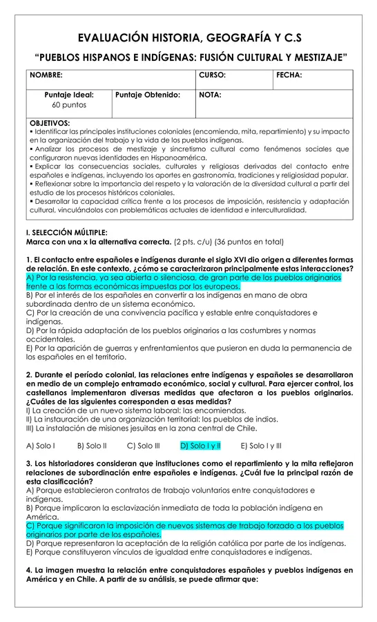 Prueba Historia - Pueblos hispanos e indígenas fusión cultural y mestizaje