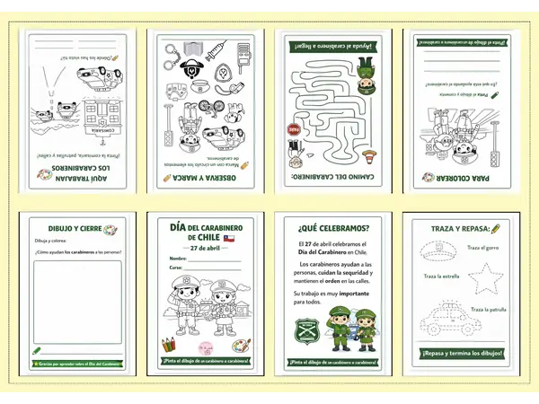 Mini libro de actividades: Día del Carabinero (para colorear y aprender)