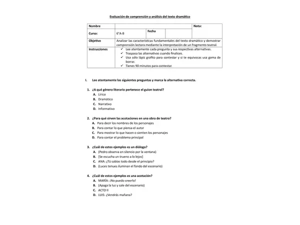 Evaluación de comprensión lectora y análisis del texto dramático 