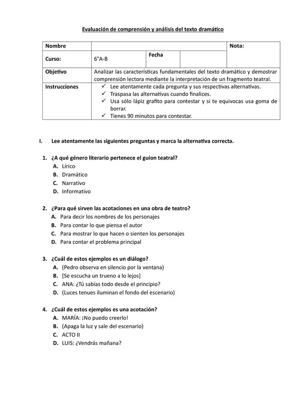 Evaluación de comprensión lectora y análisis del texto dramático 
