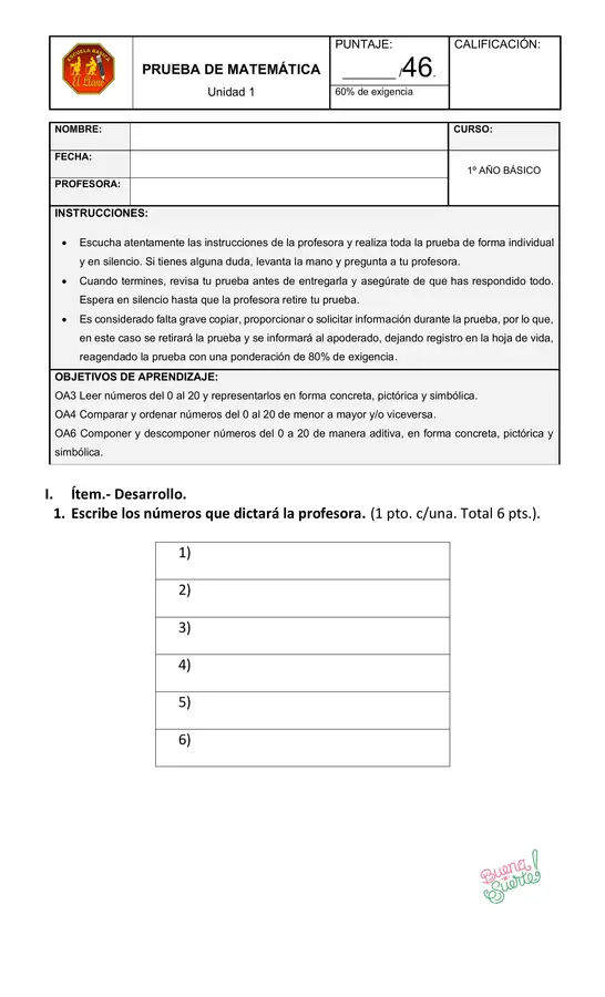 Prueba Unidad 1 de matemática Primero básico.