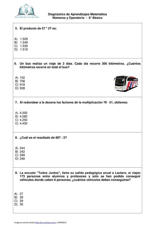 Diagnóstico Matemática 6° Básico, Número y Operatoria con pauta de respuesta.