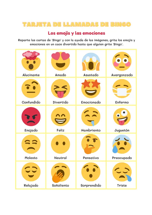 Tarjetas de bingo de emojis y emociones