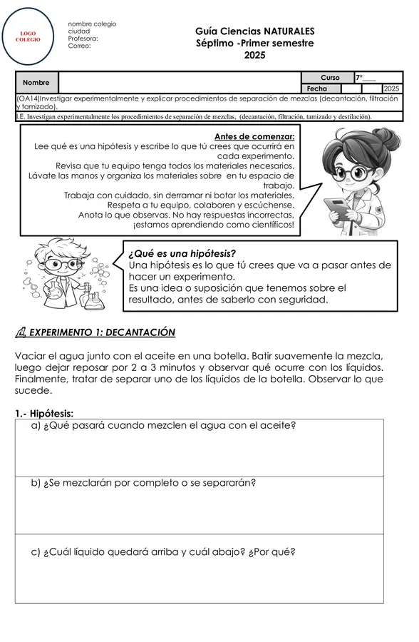 Guía Experimental: Métodos de Separación de Mezclas – Ciencias Naturales 7° Básico