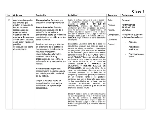 Planificación Clase a Clase Julio - Ciencias Naturales - Biología - 1° Medio