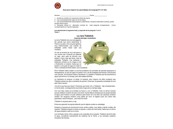 Guía de comprensión de lectura Cuarto básico