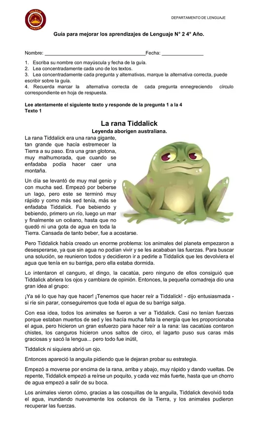 Guía de comprensión de lectura Cuarto básico