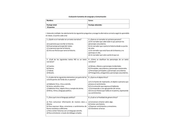 Evaluación género narrativo y género lírico 6to básico