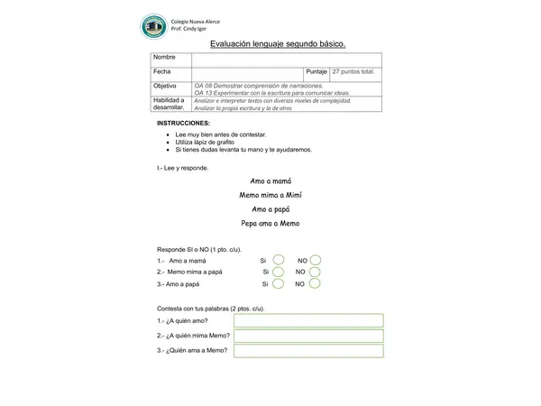 Evaluacion de Lenguaje letra M y comprension lectora