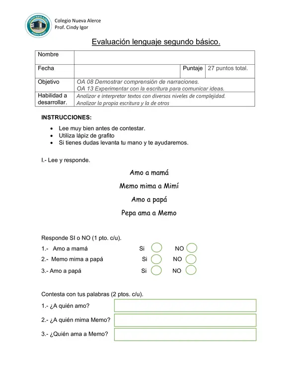 Evaluacion de Lenguaje letra M y comprension lectora