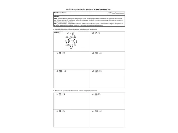 guía de multiplicaciones y divisiones 5to básico