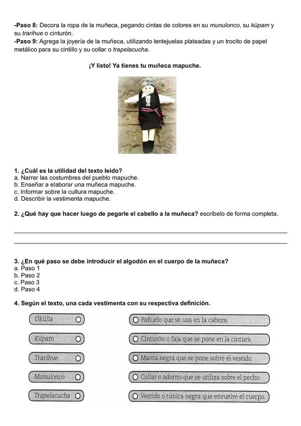 Control- guía texto instructivo 4° año "Creación de muleca mapuche"