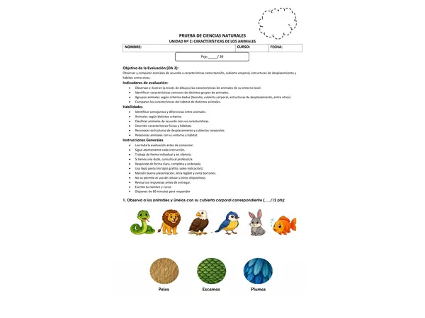 Evaluación ciencias naturales Unidad 2- Primero básico "Características de los animales".