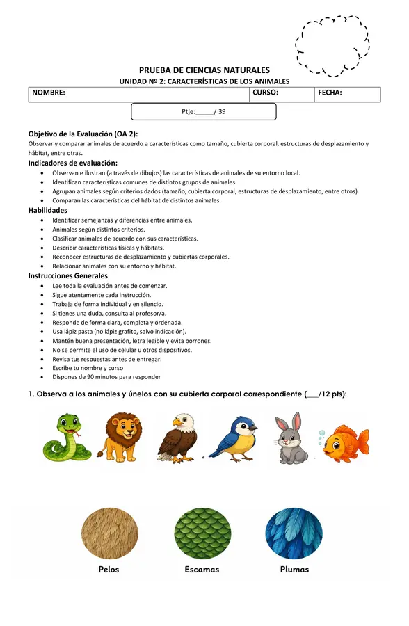 Evaluación ciencias naturales Unidad 2- Primero básico "Características de los animales".