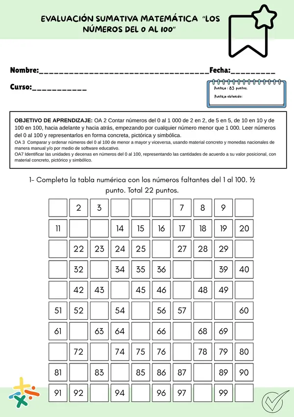 Prueba de matemática "Los números del 0 al 100"