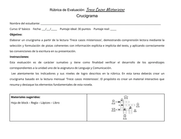 Crucigrama evaluación rúbrica. Trece casos misteriosos 