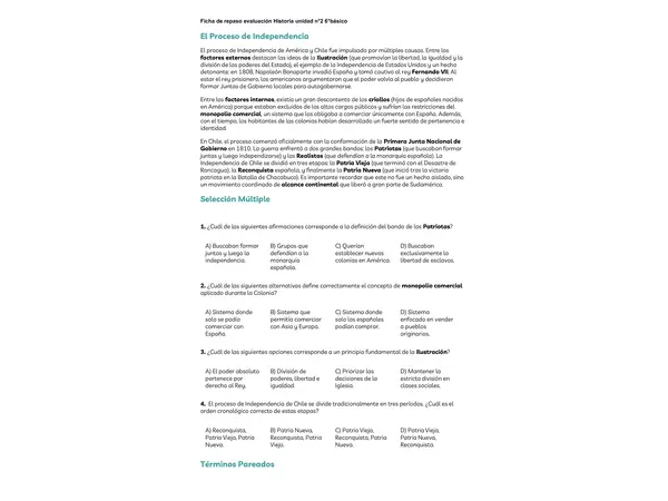 Ficha de repaso historia 6°básico proceso de independencia.