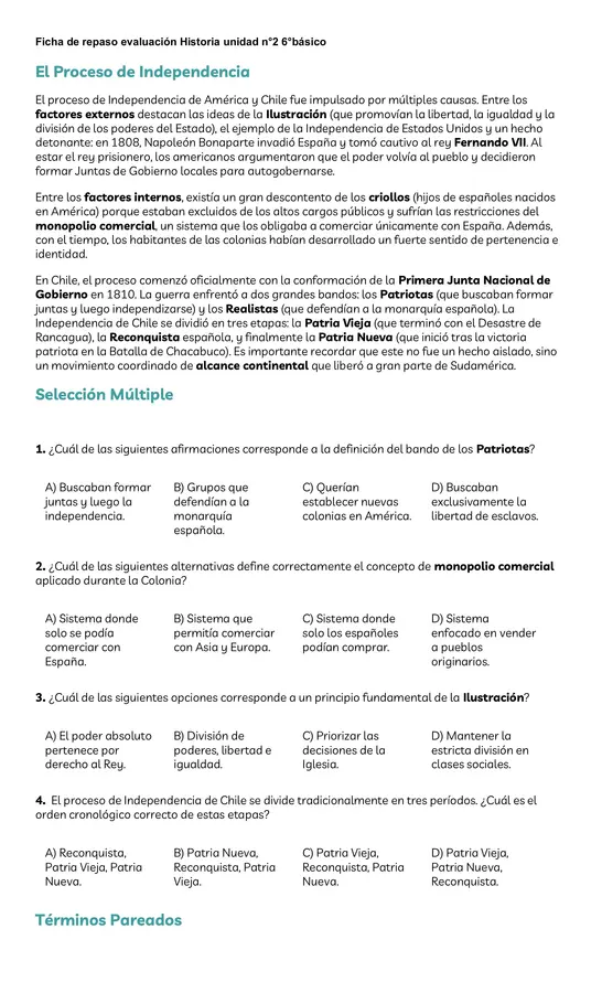 Ficha de repaso historia 6°básico proceso de independencia.
