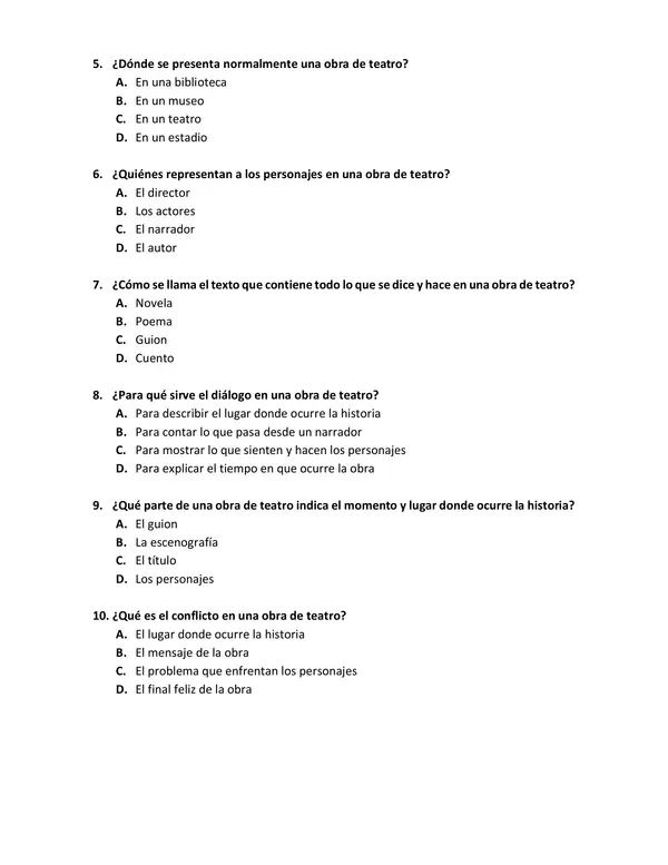 Evaluación de comprensión lectora y análisis del texto dramático 