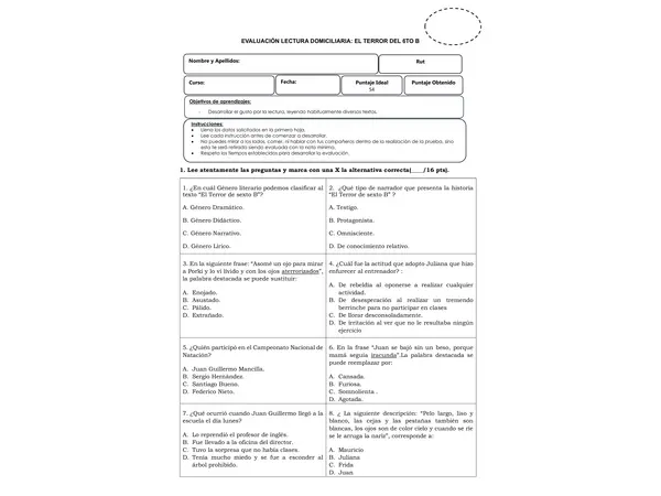EVALUACIÓN LECTURA: "EL TERROR DEL 6TO B"