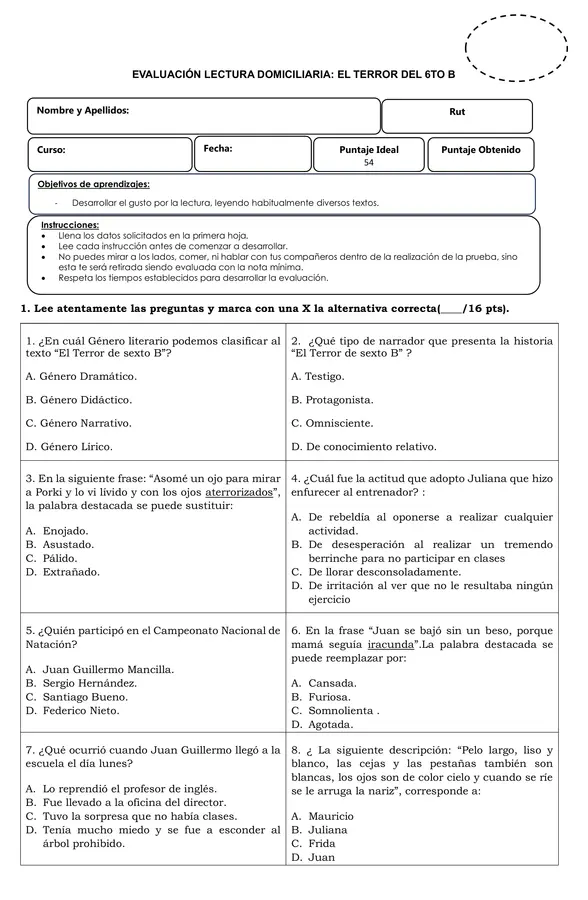 EVALUACIÓN LECTURA: "EL TERROR DEL 6TO B"