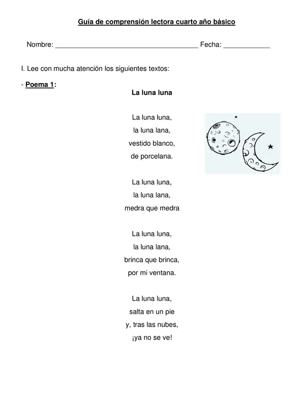 Guía editable comprensión lectora " Poemas" 4° año.