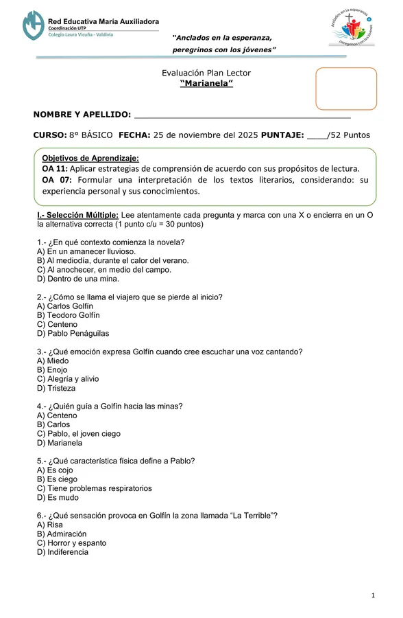 Evaluación Plan Lector "Marianela"
