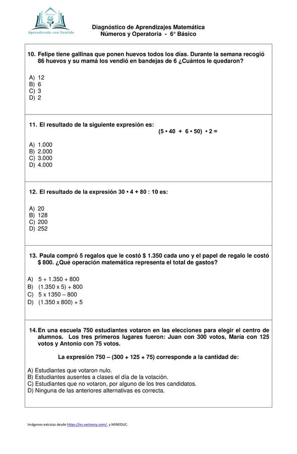 Diagnóstico Matemática 6° Básico, Número y Operatoria con pauta de respuesta.