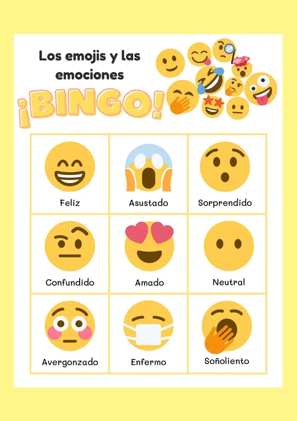 Tarjetas de bingo de emojis y emociones