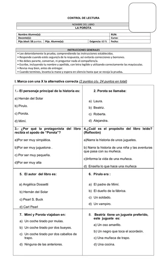 Control de Lectura "La Porota"