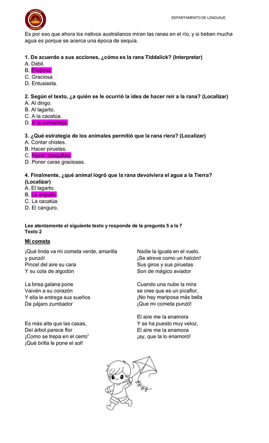 Guía de comprensión de lectura Cuarto básico