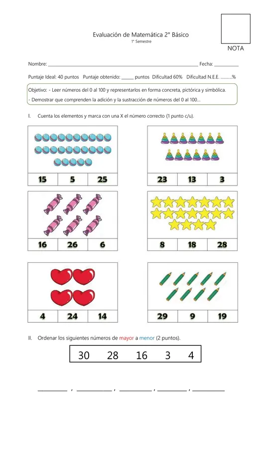 Evaluación descargable: Matemática 2° Básico – 1° Semestre